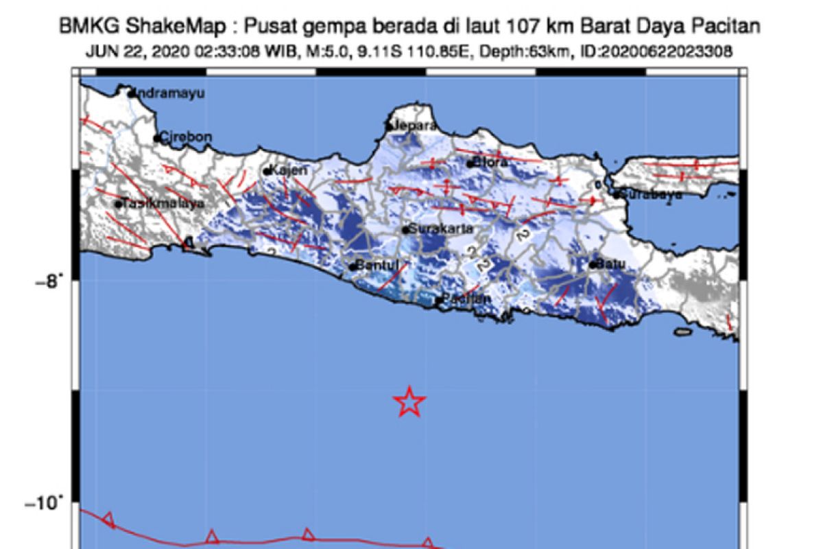 Gempa magnitudo 5,0 di Pacitan, Jawa Timur