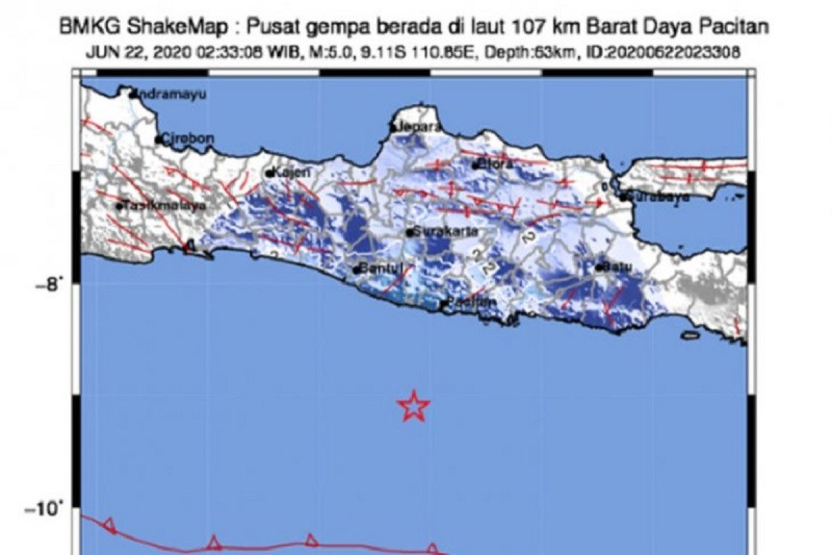 Gempa bumi magnitudo 5,0 terjadi di Pacitan, Jatim