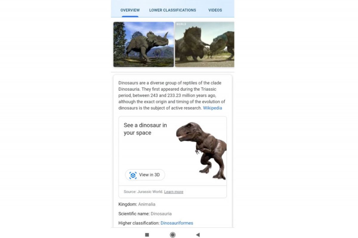 Google bisa digunakan melihat dinosaurus