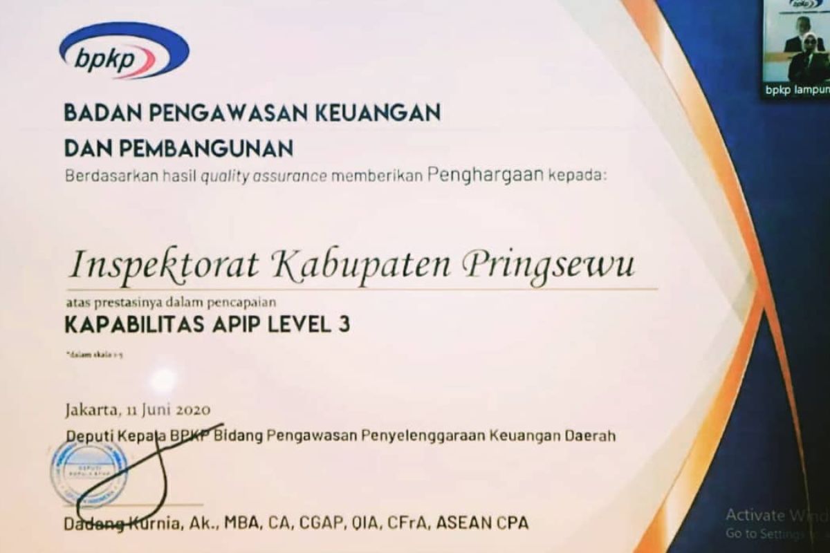 Pringsewu raih sertifikat kapabilitas level 3 SPIP dan APIP