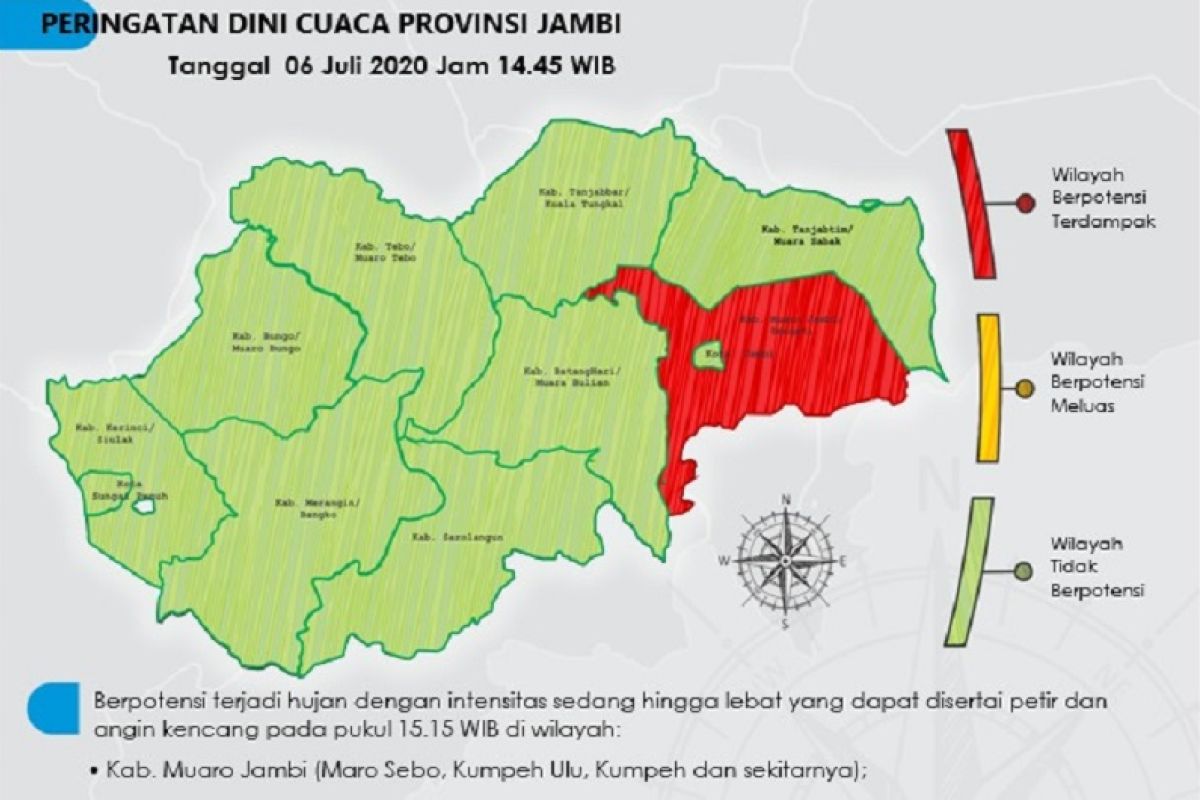 Prakiraan cuaca dan hujan di Jambi, Senin (6/7) petang.