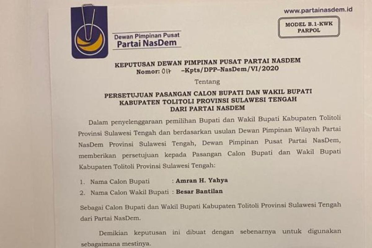 Nasdem usung Amran - Besar di Pilkada Tolitoli