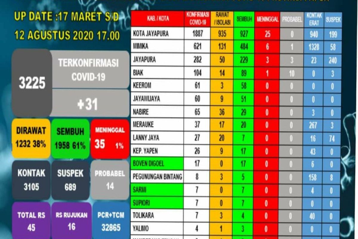 1.958 pasien positif COVID-19 di Papua telah sembuh