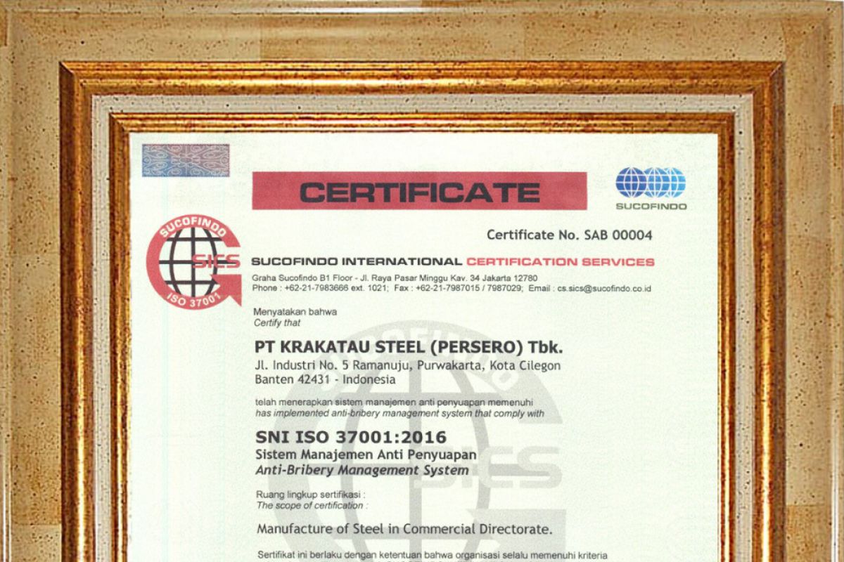 Krakatau Steel Raih Sertifikat 37001:2016 Sistem Manajemen Anti Penyuapan