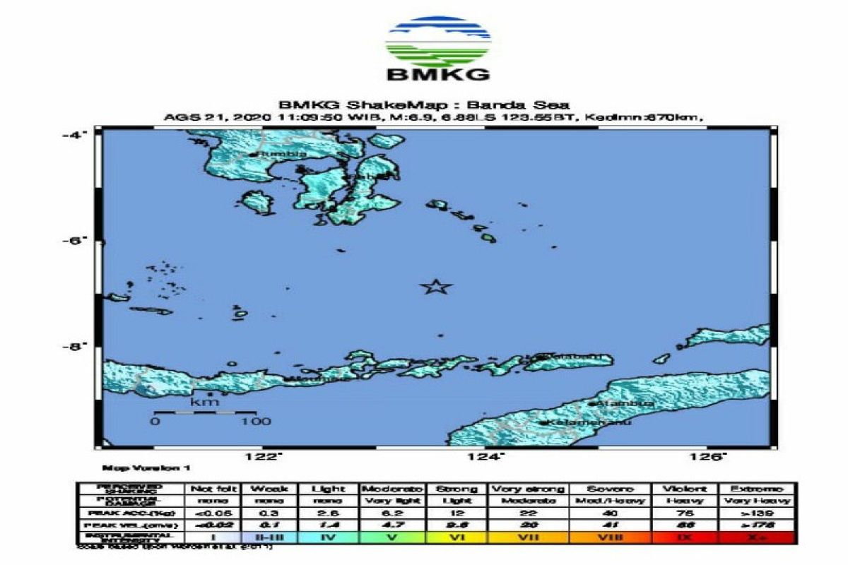 Gempa magnitudo 6,9 di Laut Banda dirasakan di Wakatobi dan Kendari