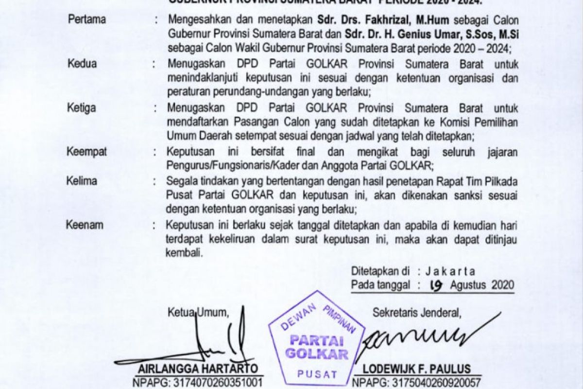 Akhirnya  Fakhrizal- Genius resmi diusung Partai Golkar di Pilgub Sumbar