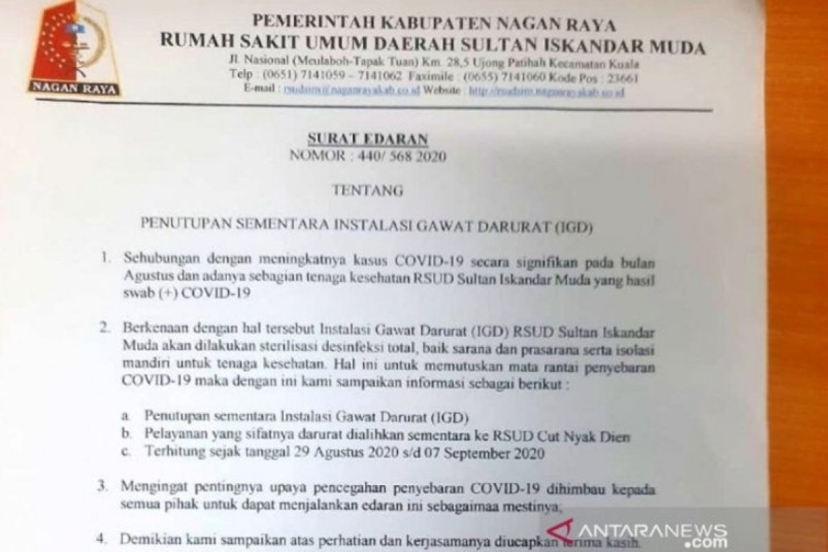 Layanan IGD RSUD Nagan Raya Aceh setelah dua dokter positif corona