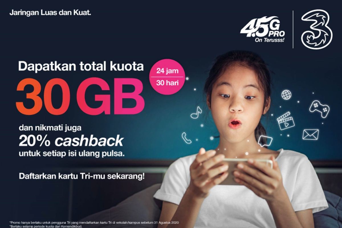 3 hadirkan kuota 30GB dukung pembelajaran jarak jauh