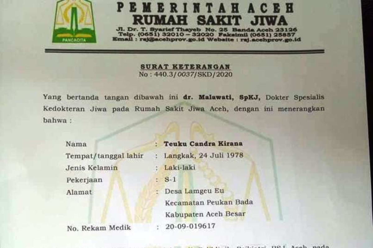 Terlapor pencemaran nama baik Bupati Nagan Raya diduga pasien gangguan jiwa