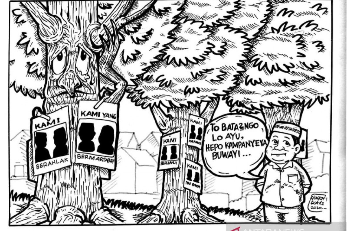 Karikaturis kritik poster kampanye politik di pohon