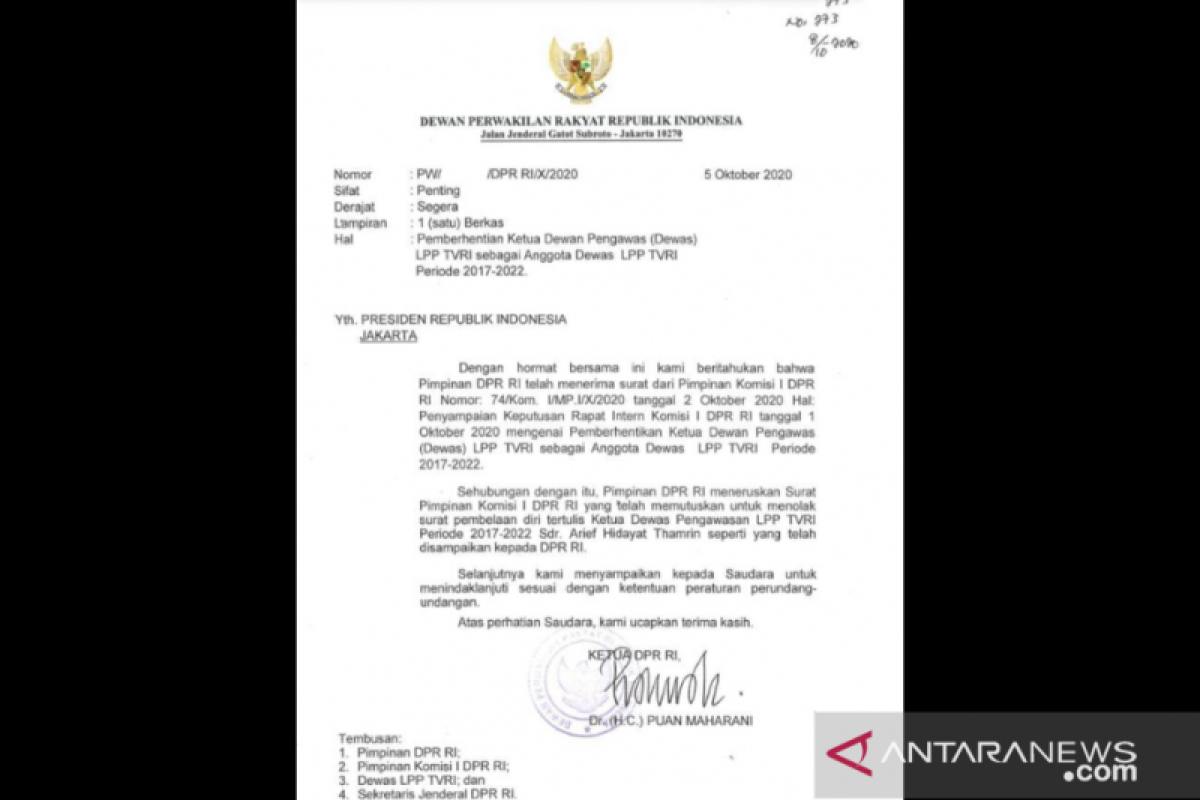 Ketua DPR kirim surat ke Presiden terkait pemberhentian Ketua Dewas TVRI