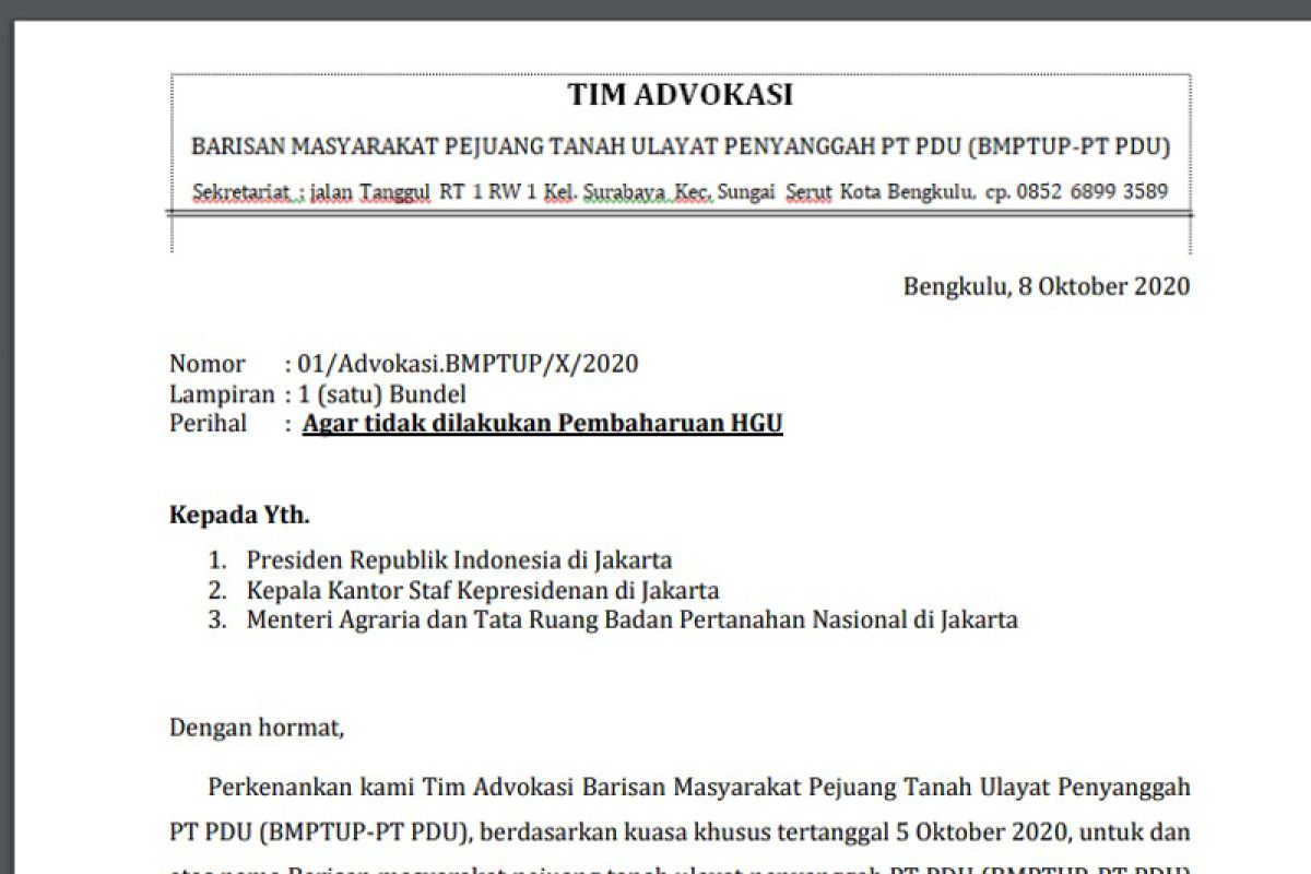 Warga Batiknau Bengkulu surati presiden tolak pembaharuan izin HGU PT PDU
