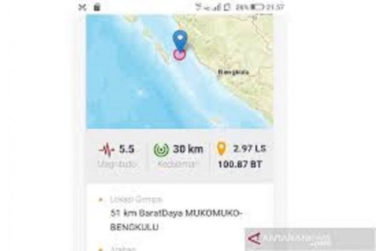 BMKG: Gempa bumi tektonik Magnitudo 5,4 di Barat Daya Mukomuko tidak berpotensi tsunami