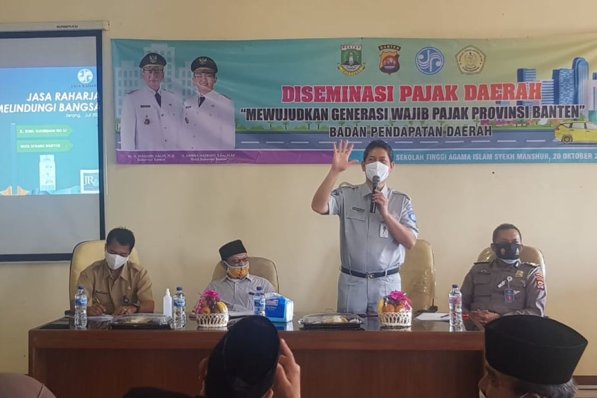 Jasa Raharja -- Bapenda Banten bersinergi mengedukasi mahasiswa STAIN Syekh Manshur tentang PKB dan SWDKLLJ