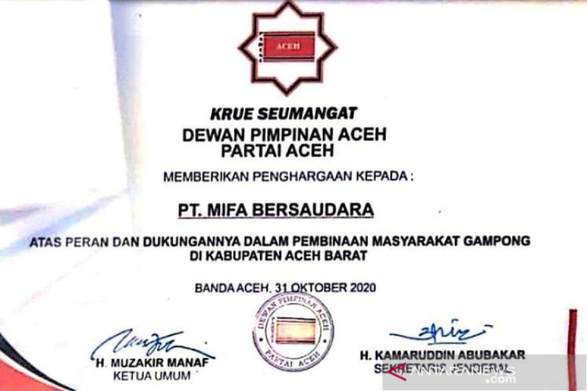 Komit peduli masyarakat, Partai Aceh beri penghargaan untuk PT Mifa Bersaudara