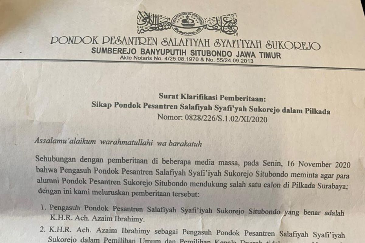 Ponpes Salafiah Syafi'iyah bantah dukung paslon di Pilkada Surabaya