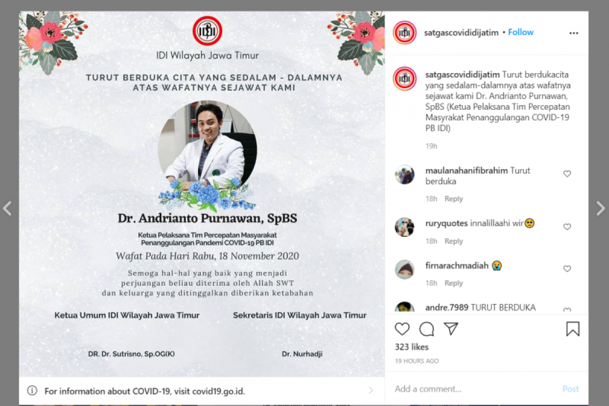 Dokter bedah saraf Andrianto Purnawan meninggal dunia karena COVID-19