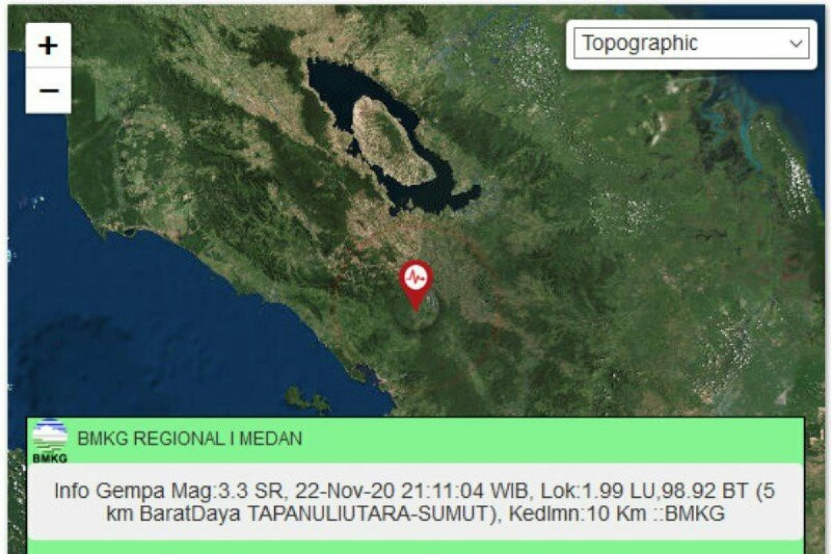 Gempa magnitudo 3,3 guncang  Tapanuli Utara