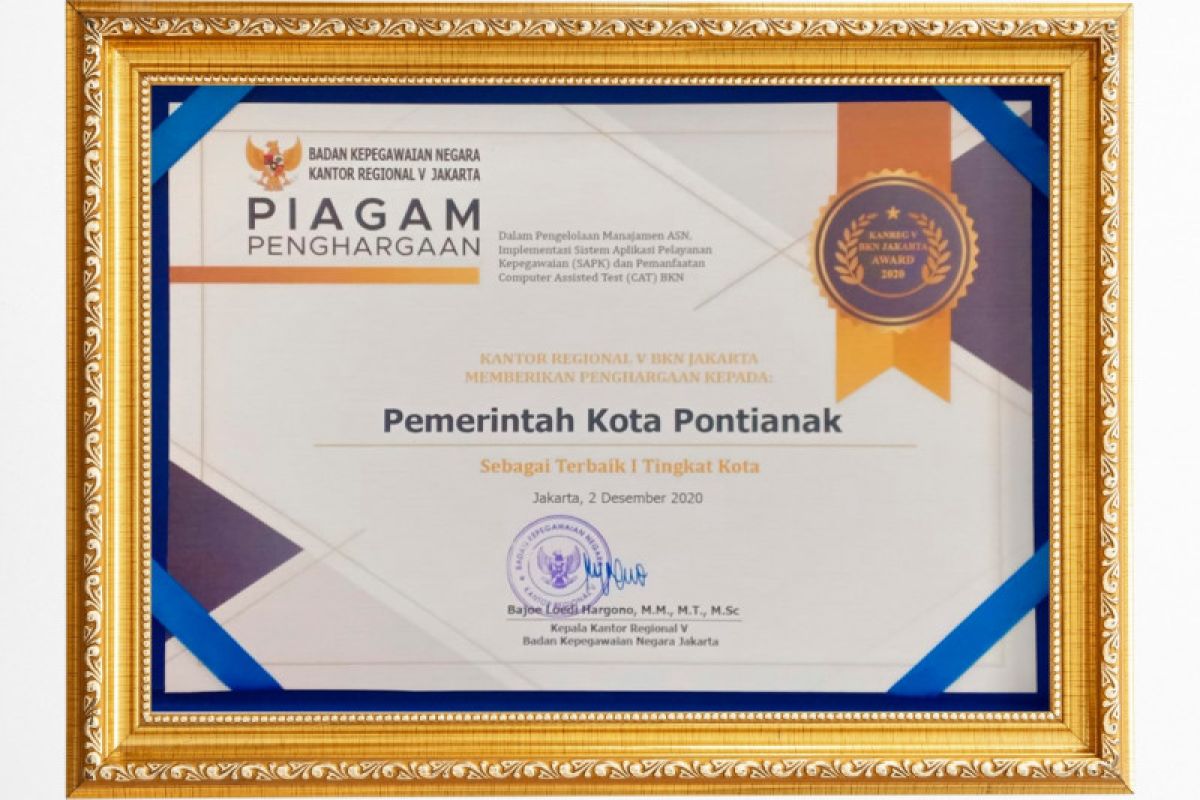 Terbaik pertama, Pemkot Pontianak sabet penghargaan BKN Regional V