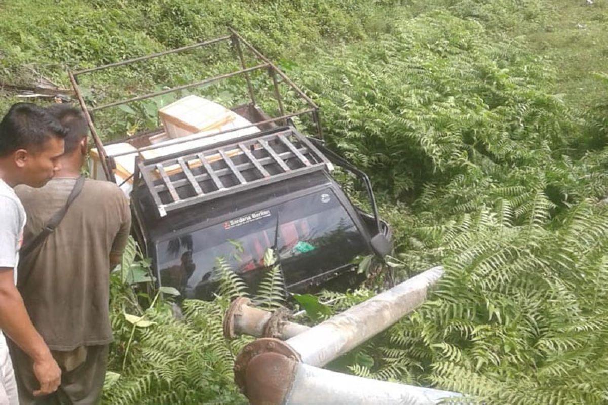 Pikap L300 muatan kepiting terbalik di bukit Seumadam Aceh Tamiang