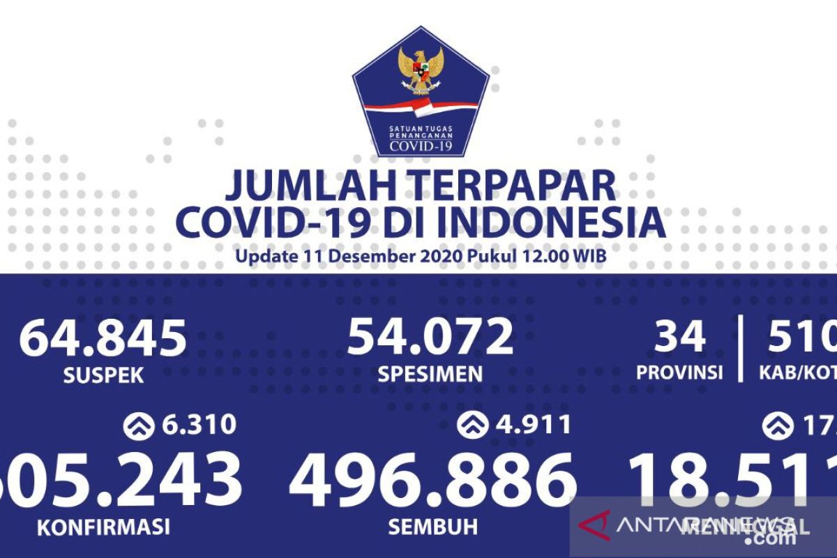 Positif COVID-19 Indonesia bertambah 6.310 jadi 605.243 kasus