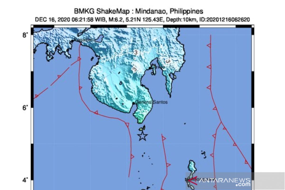 Gempa magnitudo 6,2 di Mindanao Filipina terasa hingga Tahuna Sulut