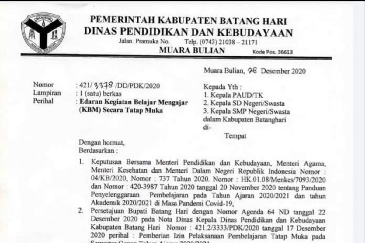 Mulai Januari, sekolah di Kabupaten Batanghari 