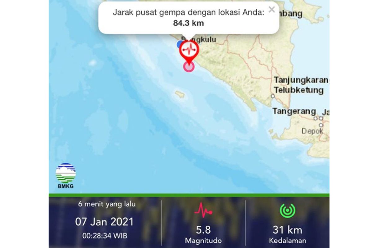 Gempa magnitudo 5,8 di Bengkulu tidak berpotensi tsunami, kata BMKG