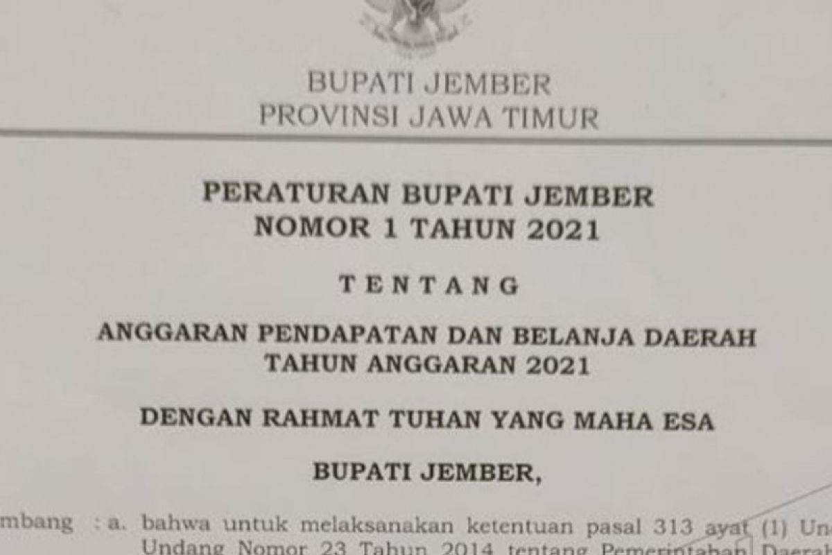 Perbup APBD Jember 2021 diundangkan tanpa persetujuan gubernur