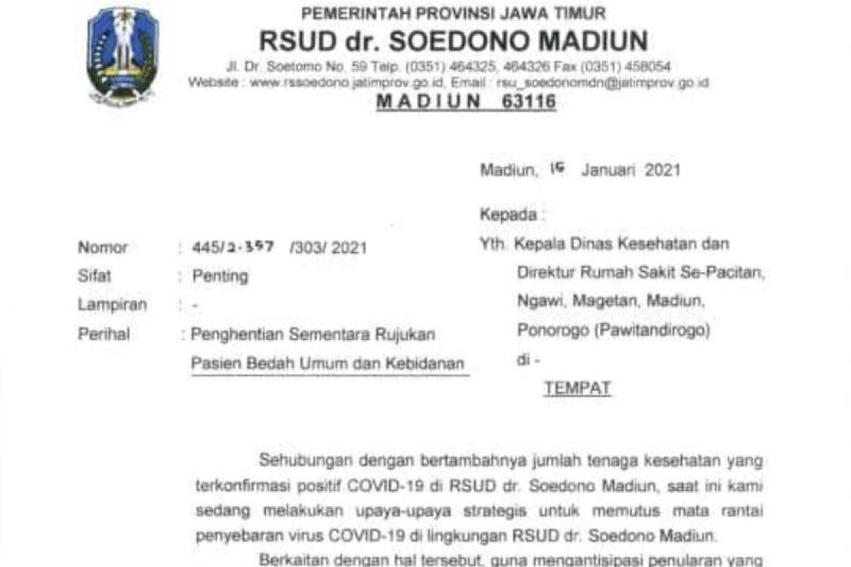 RSUD Soedono Madiun hentikan layanan rujukan bedah umum dan kebidanan karena COVID-19