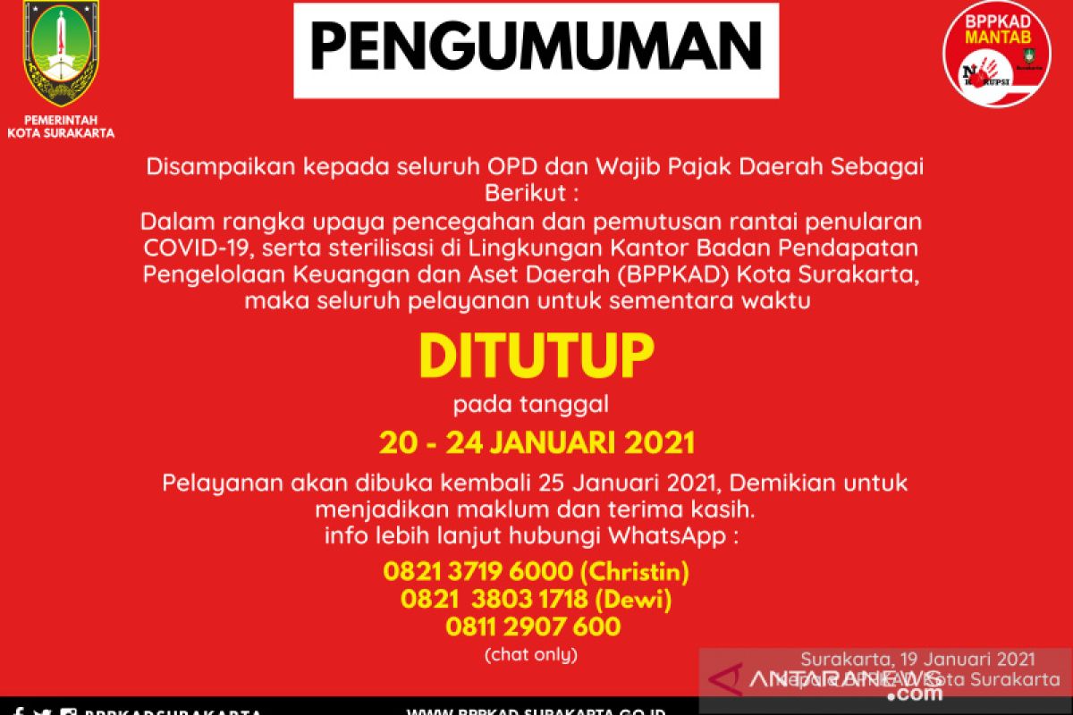 Pegawai terinfeksi COVID-19, BPPKAD Surakarta tutup sementara