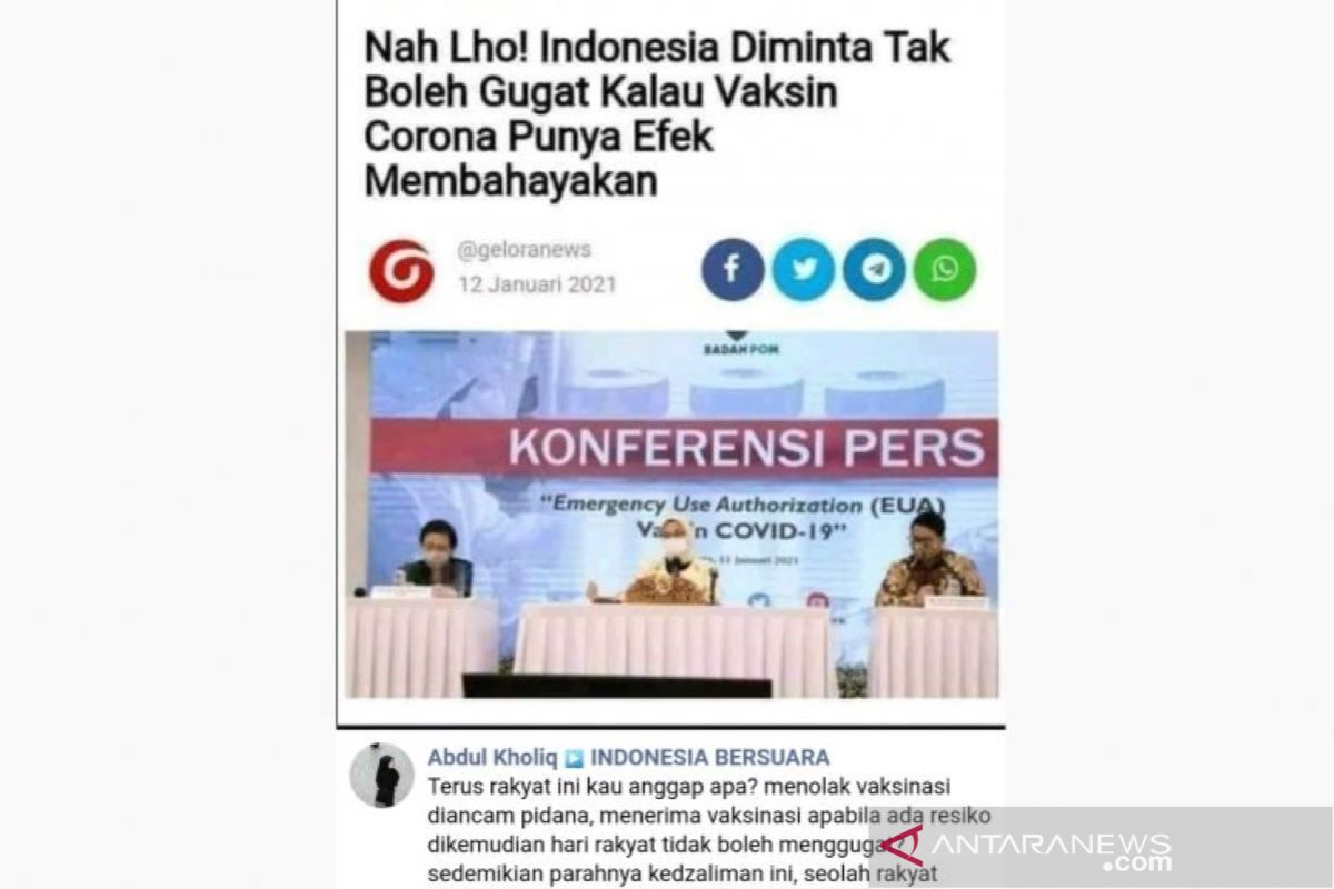 Hoaks, Indonesia tidak boleh gugat efek samping vaksin COVID-19