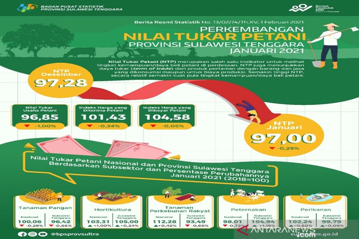 Nilai tukar petani Sulawesi Tenggara pada Januari 2021 sebesar 97,00