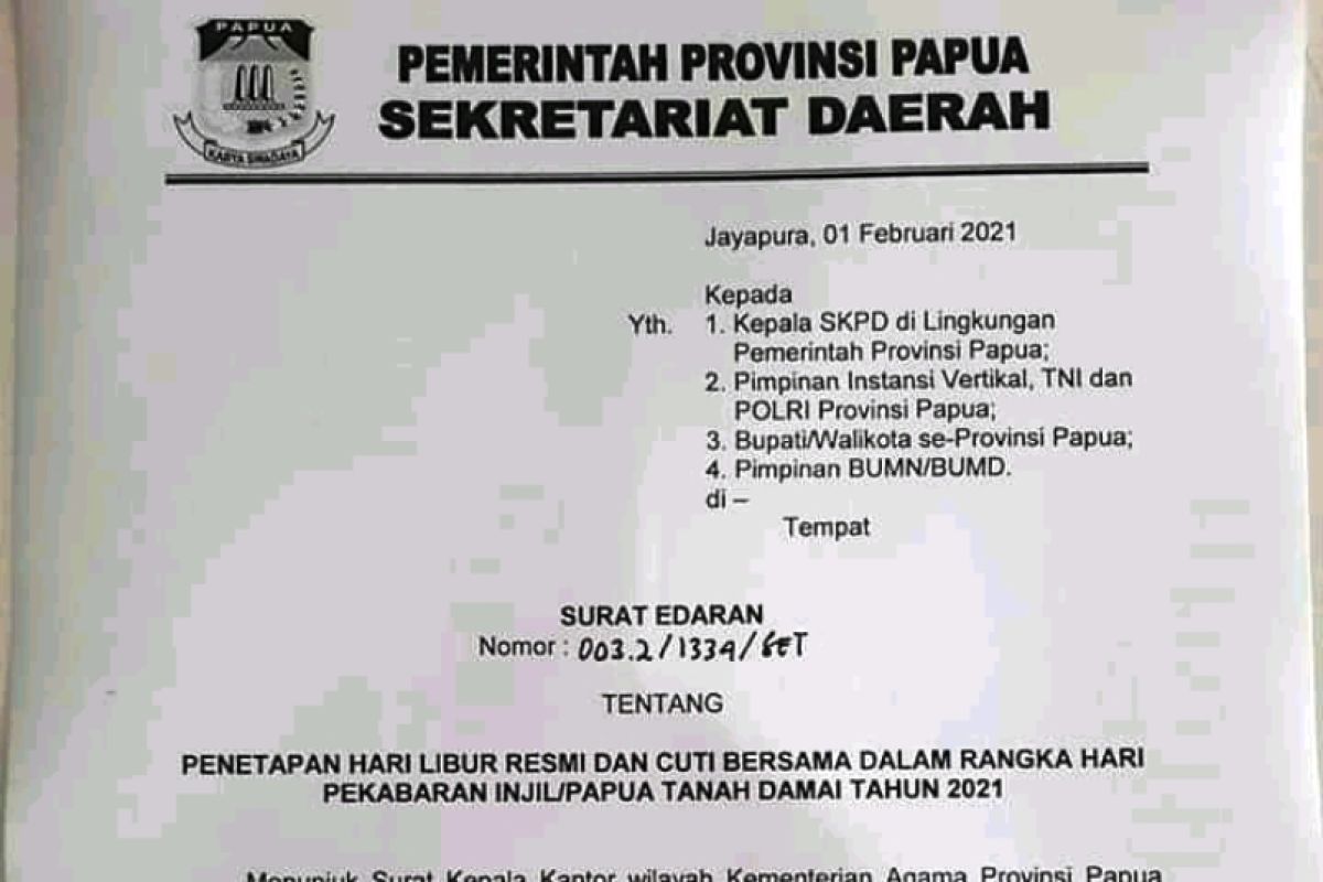 Pemprov Papua tetapkan libur Hari Pekabaran Injil 4-5 Februari 2021