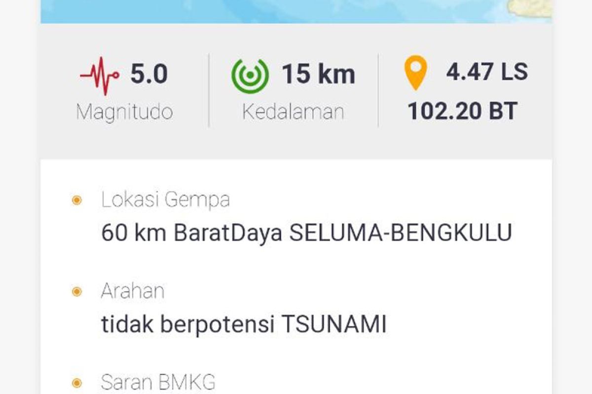 Gempa magnitudo 5 guncang Bengkulu