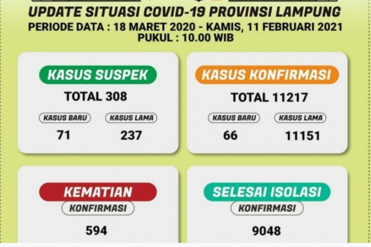 Kasus harian COVID-19 di Lampung bertambah 66 total ada 11.217 kasus