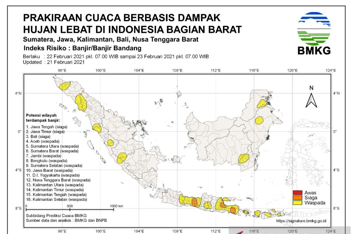 BMKG peringatkan lima provinsi siaga banjir 22-23 Februari: Jateng, Jatim, Bali, Sulteng, Sulsel