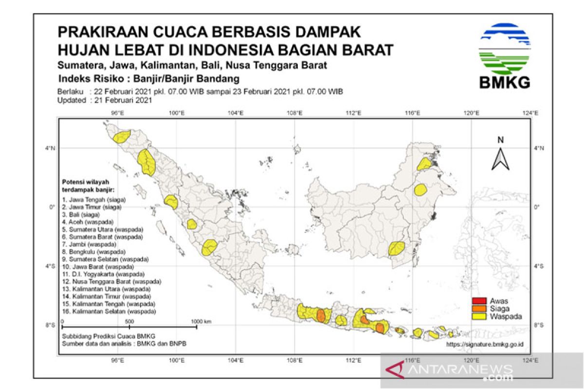 BMKG prakirakan lima provinsi siaga banjir pada 22-23 Februari