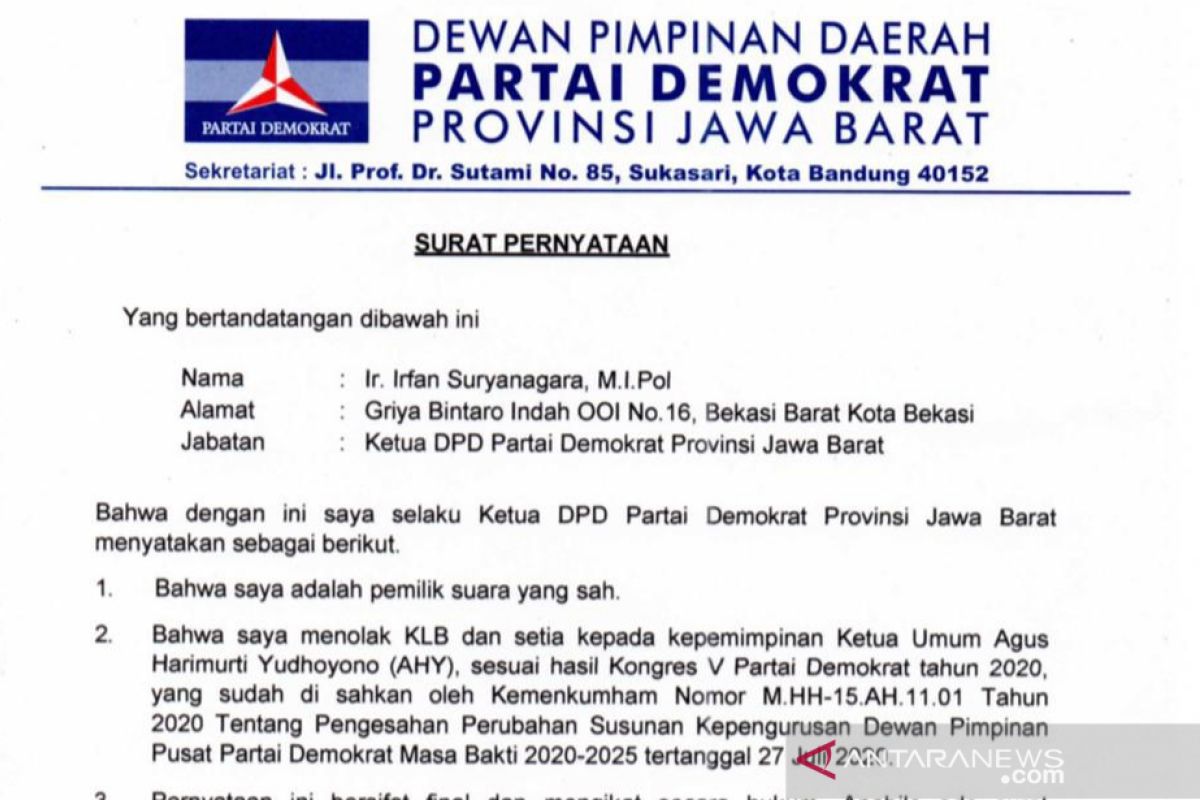 DPD Partai Demokrat Jawa Barat menyerukan delegitimasi KLB
