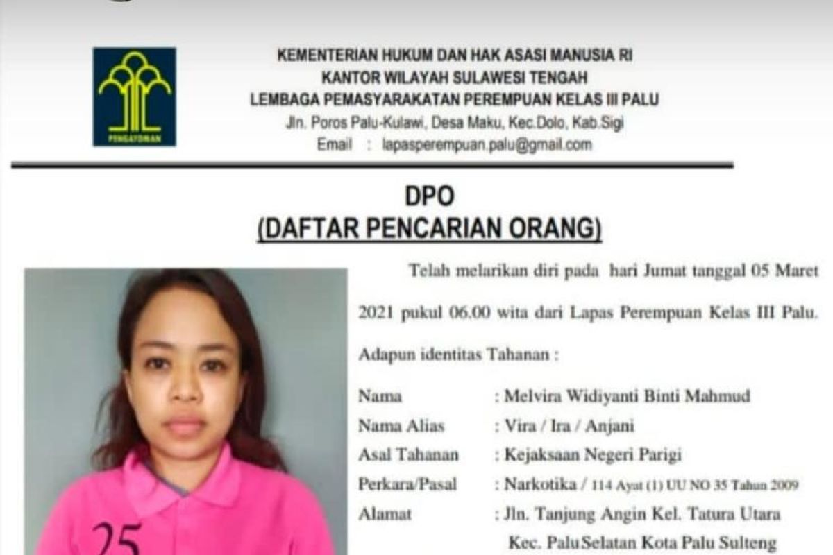 Seorang tahanan wanita kasus narkoba di Lapas Perempuan Palu  kabur