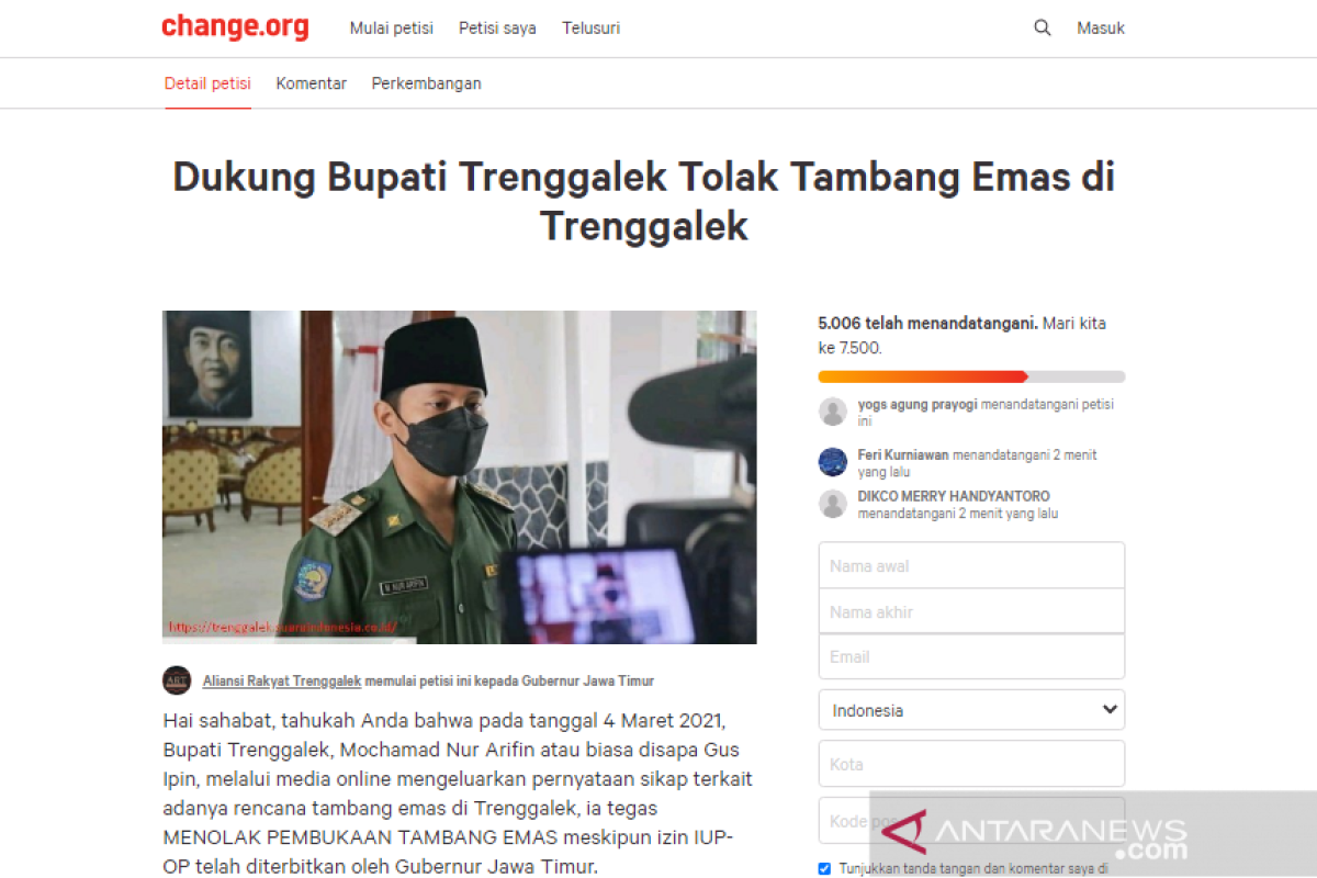 Tolak tambang emas, Bupati Trenggalek tuai dukungan di laman change.org