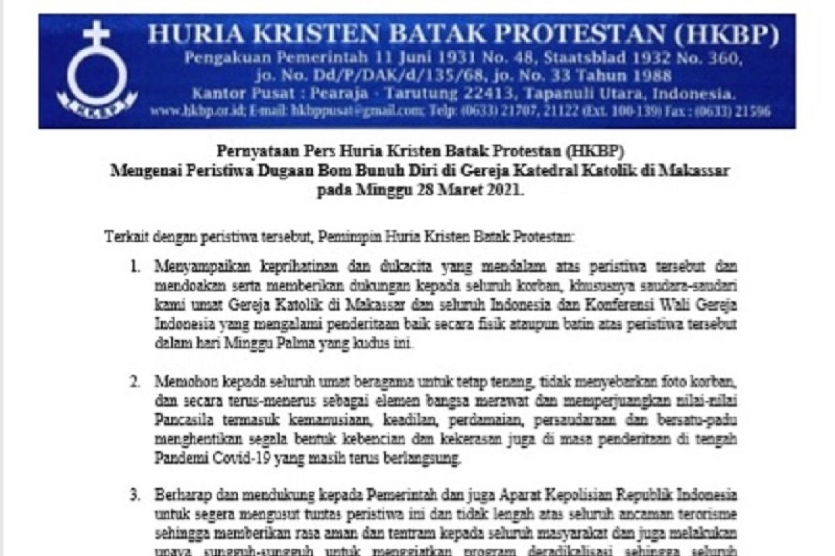 Pernyataan HKBP terkait ledakan bom di depan Gereja Katedral Makassar