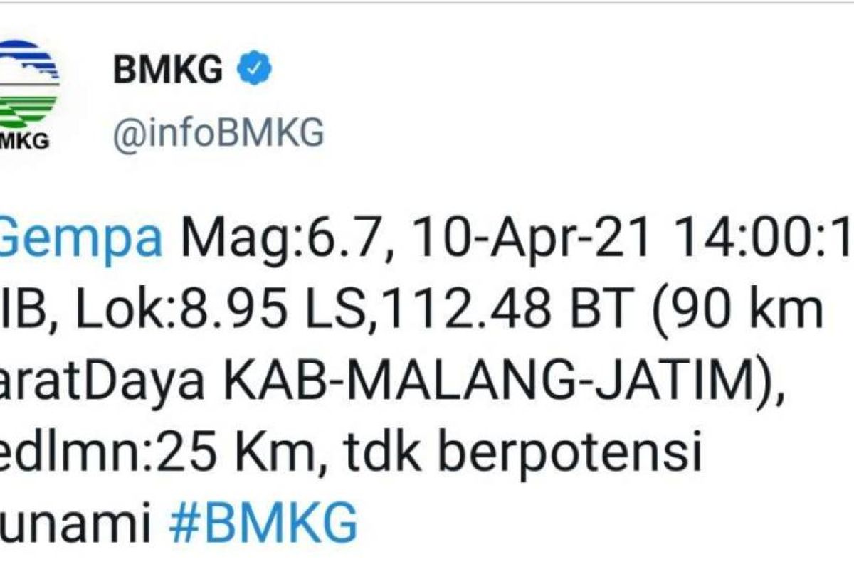 Gempa M 6,7 picu guncangan Jatim