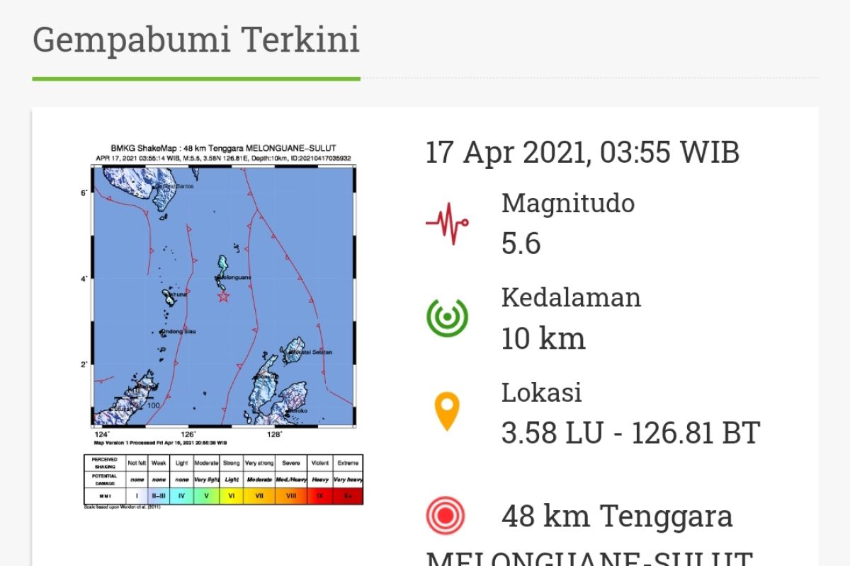 Gempa magnitudo 5,6 guncang Sulut