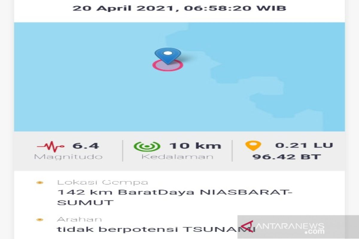 Gempa di Nias bermagnitudo 6,4 terasa hingga Padangsidimpuan