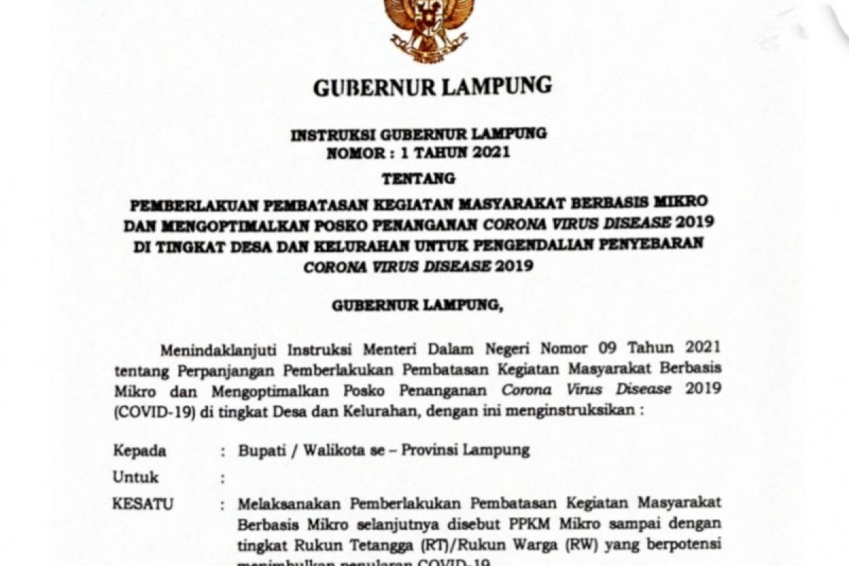 Pemprov Lampung tetapkan PPKM mikro bagi kabupaten dan kota
