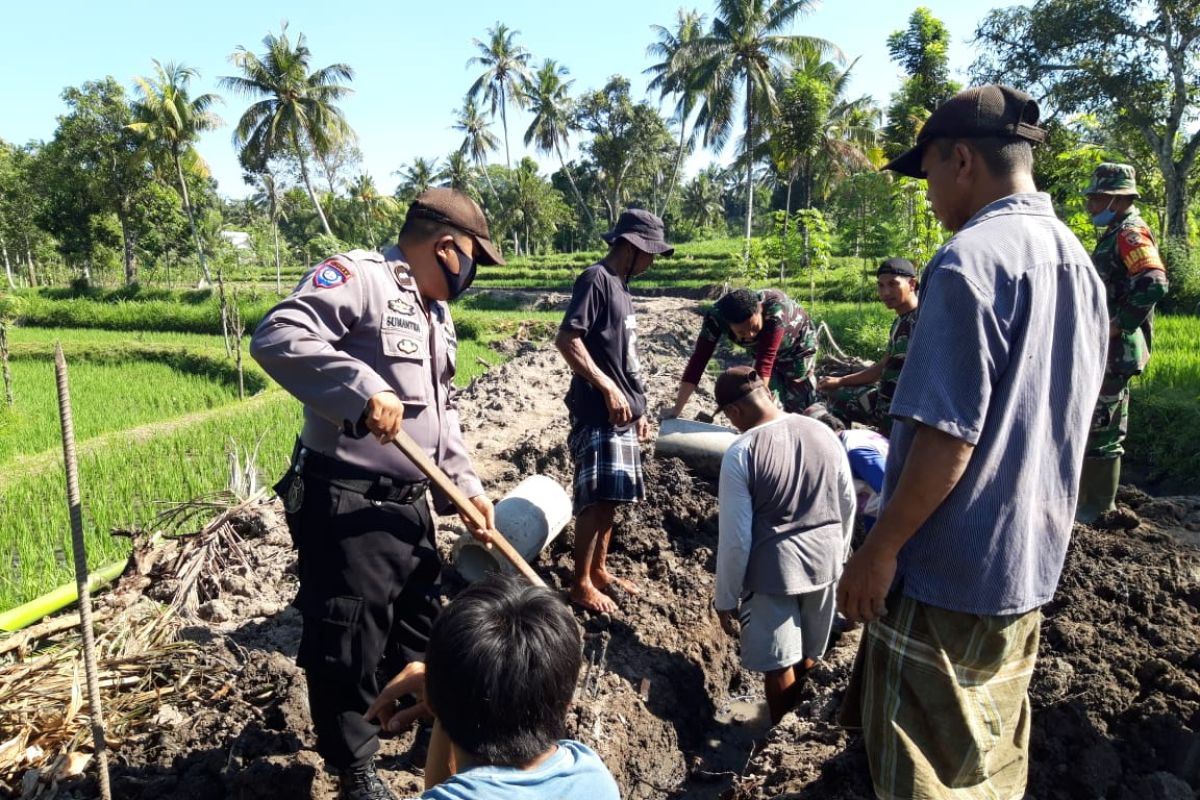 TNI-Polri berjibaku pasang gorong-gorong di Desa Bonjeruk