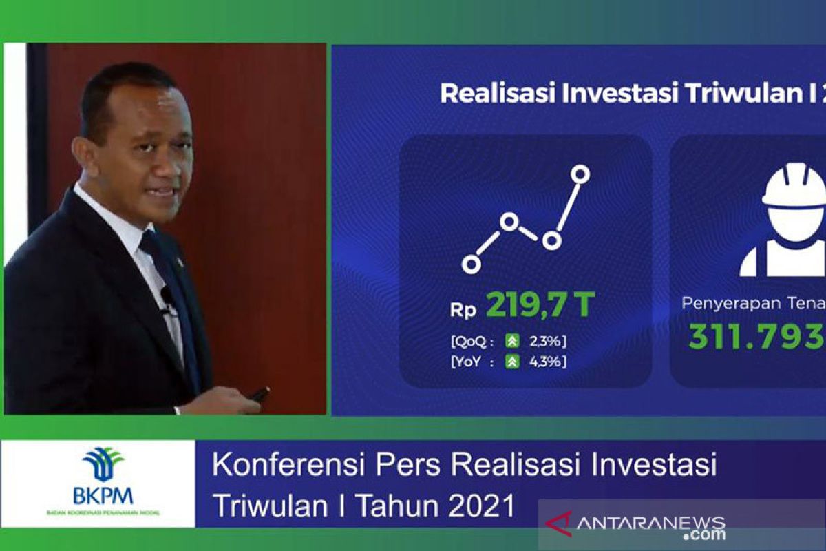 BKPM: realisasi investasi triwulan I 2021 capai Rp219,7 triliun