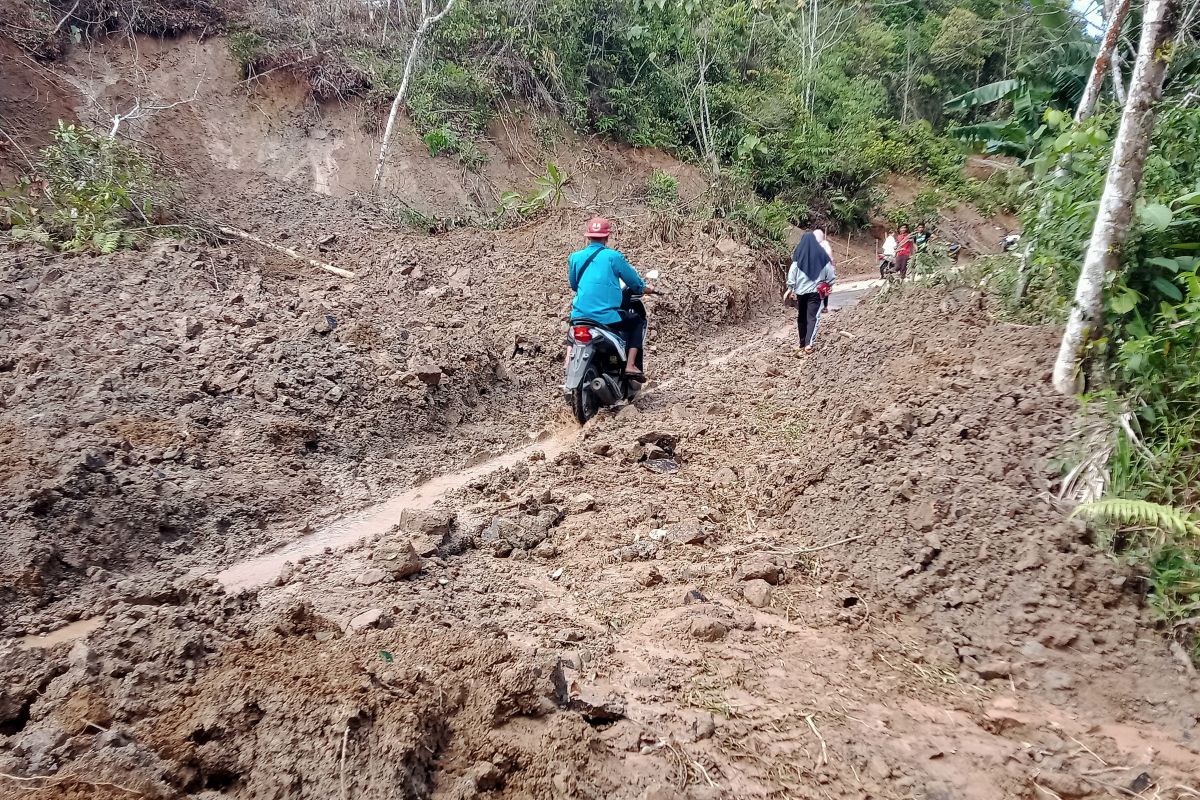 Jalan penghubung Kabupaten di Ganggo Mudiak Pasaman yang putus akibat longsor telah dapat dilalui roda dua (Video)