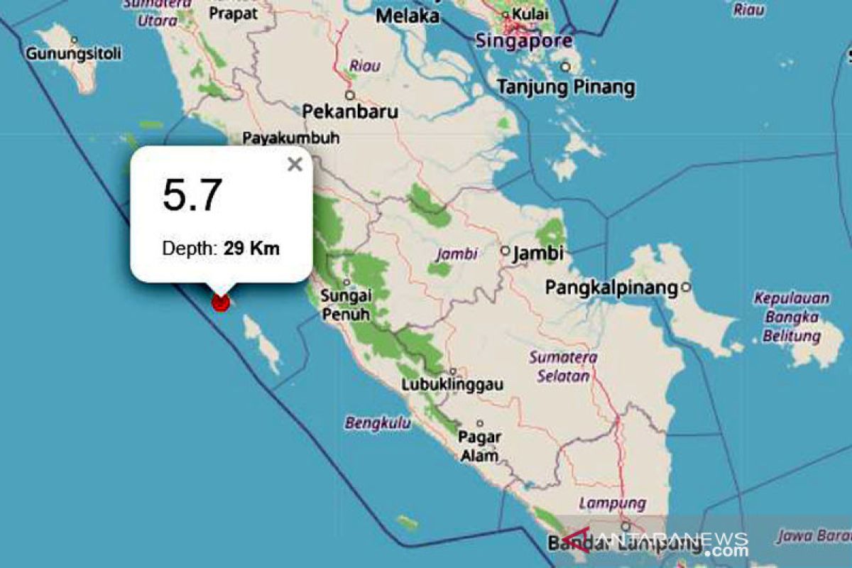 Gempa magnitudo 5,7 guncang Mentawai tidak berpotensi tsunami